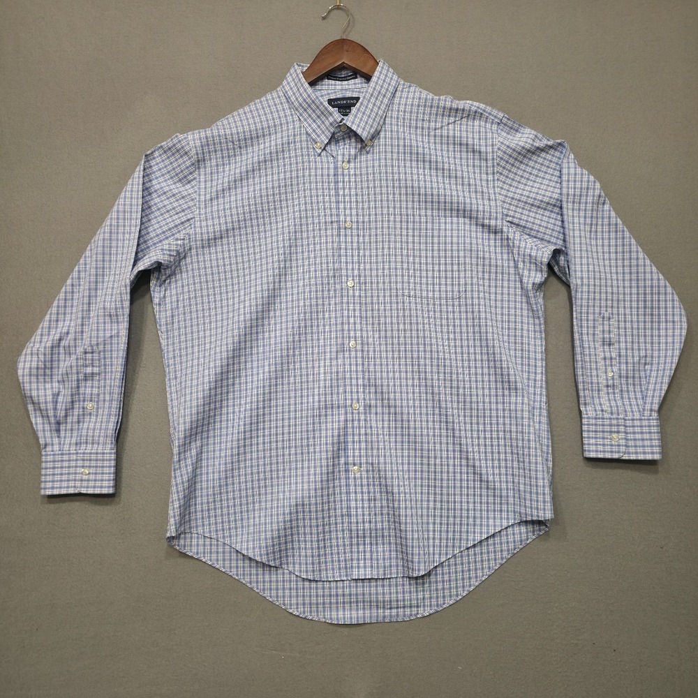 Lands End Men's Blue Check No Iron Pinpoint Oxford Dress Shirt Size 17.5-35